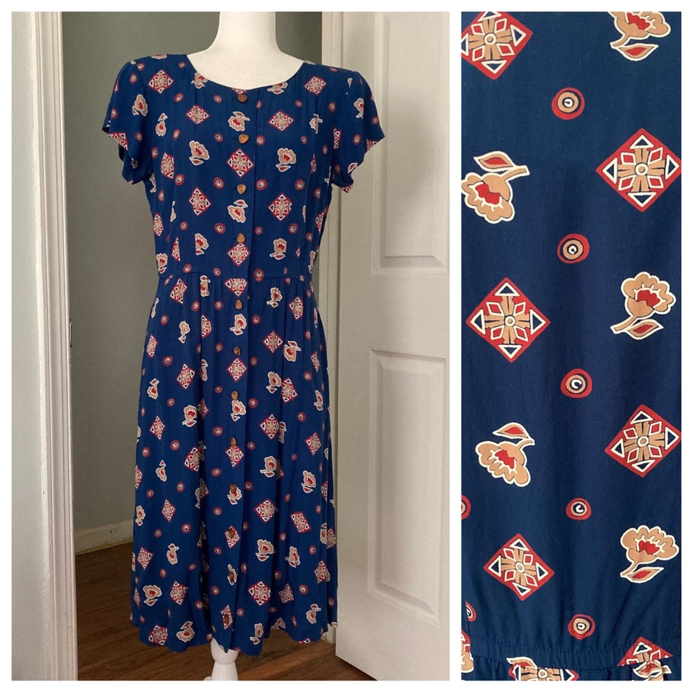 Vintage Liz Claiborne Blue Floral Geo Print Short Sleeve Button Front Dress